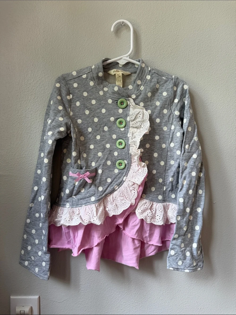 Matilda Jane Gray Polka Dot Ruffle Jacket with Pink Trim